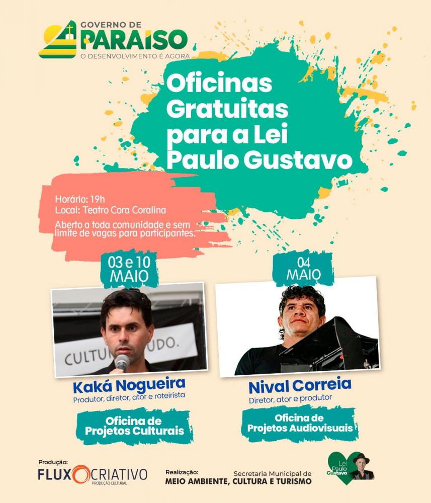 Prefeitura de Paraíso do Tocantins convida classe artística para participar de Oficinas Gratuitas para a Lei Paulo Gustavo