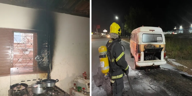 Panela esquecida no fogão causa incêndio em uma casa e carro pega fogo em frente a posto de combustível